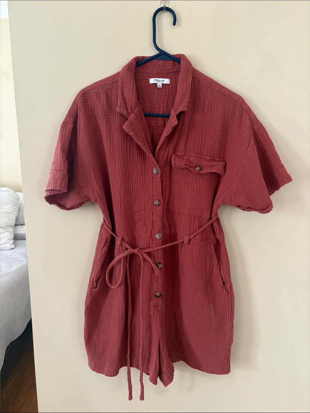 Madewell Textured Button-Front Romper in Rust